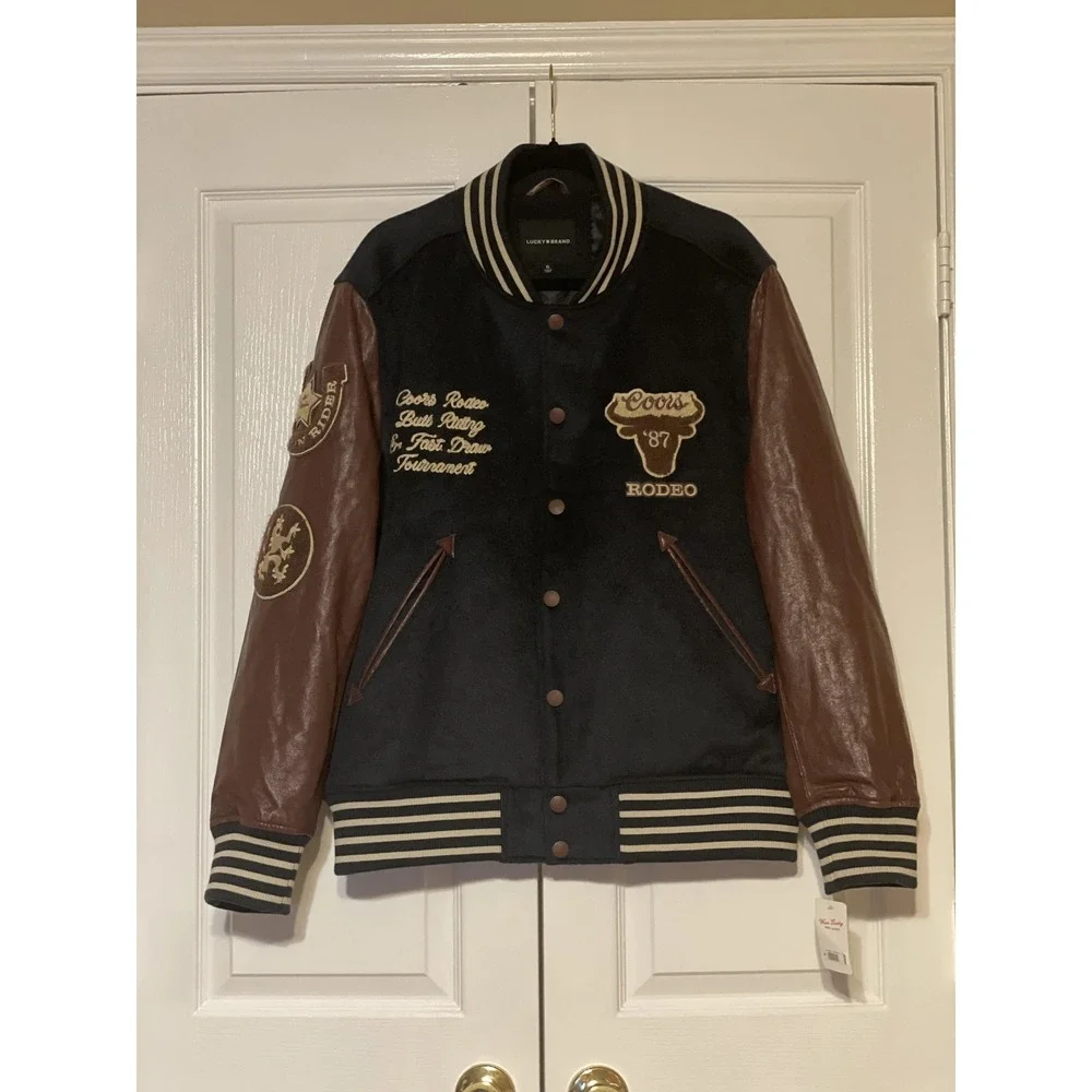 Lucky Brand Jacket Mens XL Blue Coors Rodeo Varsity Leather Sleeves‎ 161300